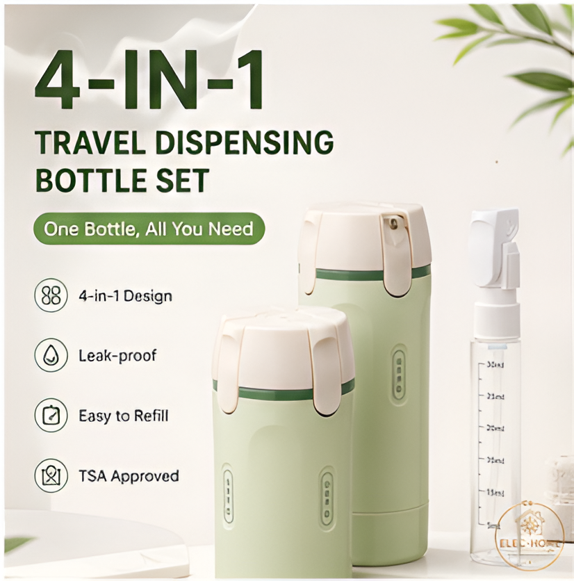 4-in-1 Leak-Proof Travel Dispenser Bottle | TSA Approved Toiletry Container Set with Labels