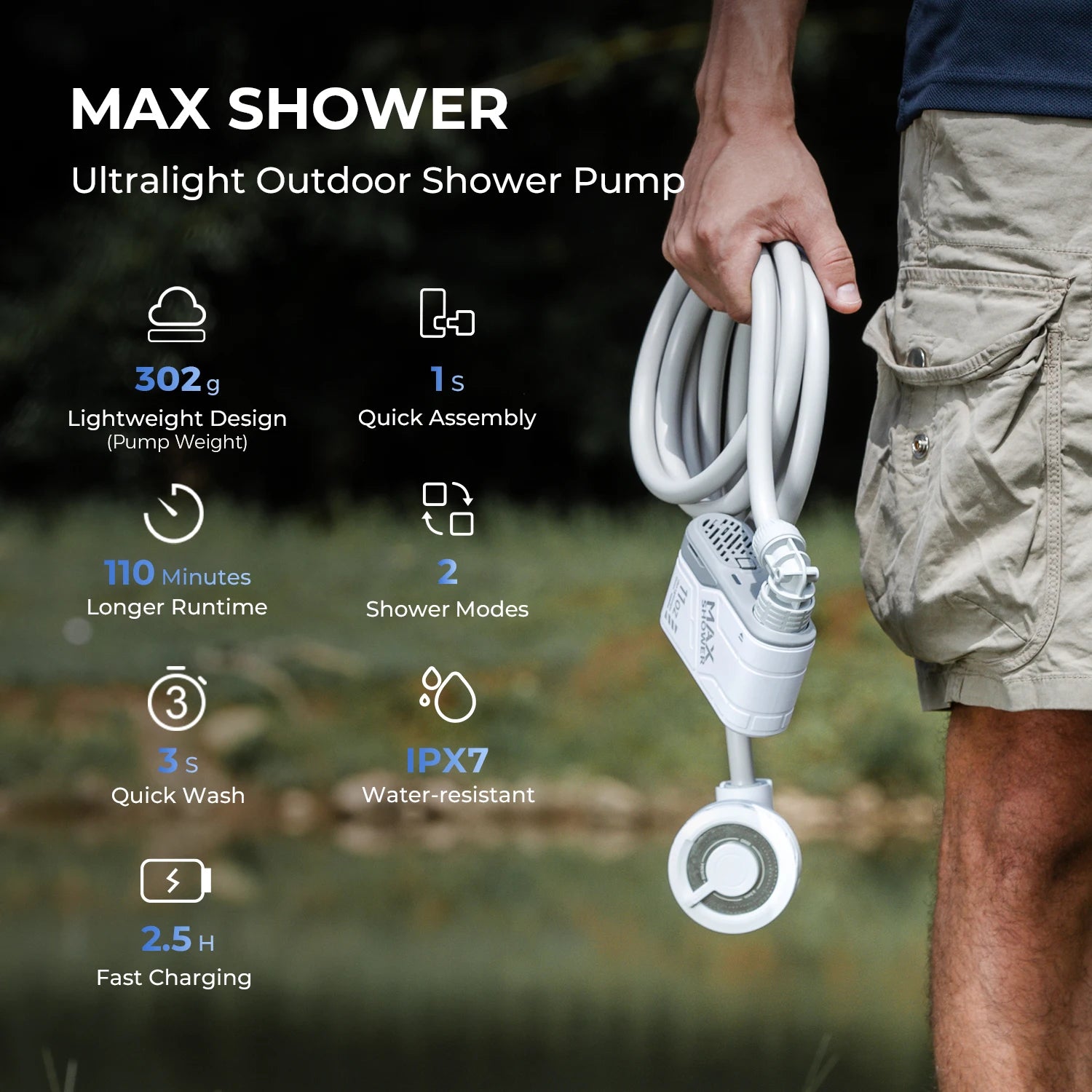 MAX Portable Electric Shower Pump | IPX7 Waterproof Outdoor Shower